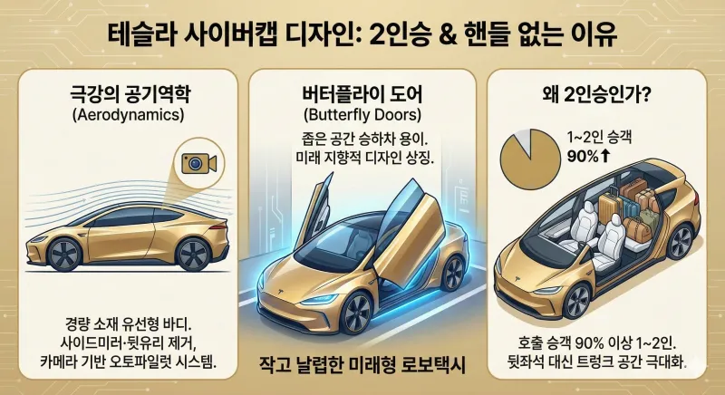 테슬라 사이버캡 진짜 2026년에 탈 수 있을까? 가격, 디자인, 무선 충전 스펙 완벽 정리 (핸들 없는 로보택시의 실체) 3 테슬라 사이버캡의 주요 디자인 특징을 설명하는 인포그래픽입니다. 공기역학적 설계, 승하차가 편리한 버터플라이 도어, 그리고 트렁크 공간을 넓힌 2인승 구조의 이유를 시각적으로 보여줍니다.