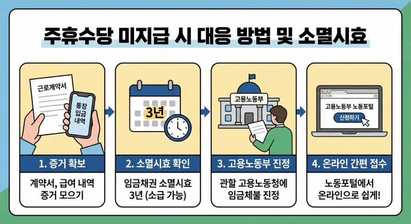 2026년 주휴수당 계산기 사용법: 시급 10,320원 시대, 내 월급에 주휴수당이 포함되어 있을까? 4 주휴수당 미지급 시 대응 방법을 4단계로 정리한 인포그래픽입니다. 증거 확보, 3년 소멸시효 확인, 고용노동부 진정 및 노동포털을 통한 온라인 접수 절차를 시각적으로 보여줍니다.