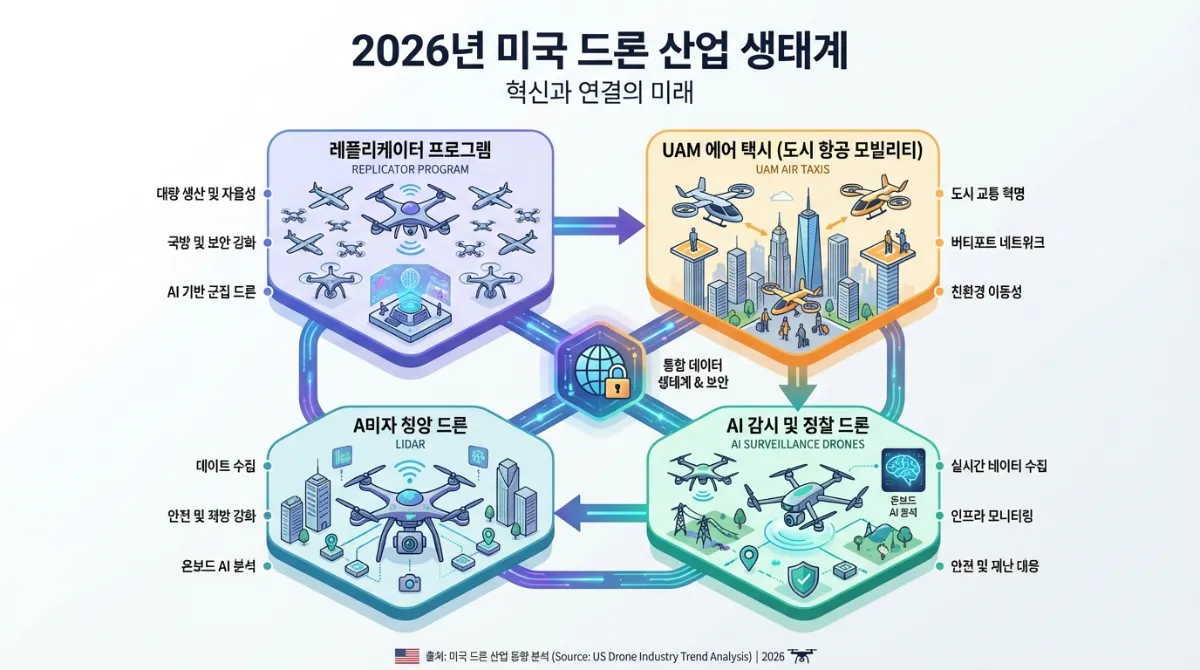 2026년 미국 드론 산업 생태계를 보여주는 미래형 인포그래픽 다이어그램: 리플리케이터 프로그램, 도시 상공의 UAM 에어 택시, AI 감시 드론의 연결망 시각화