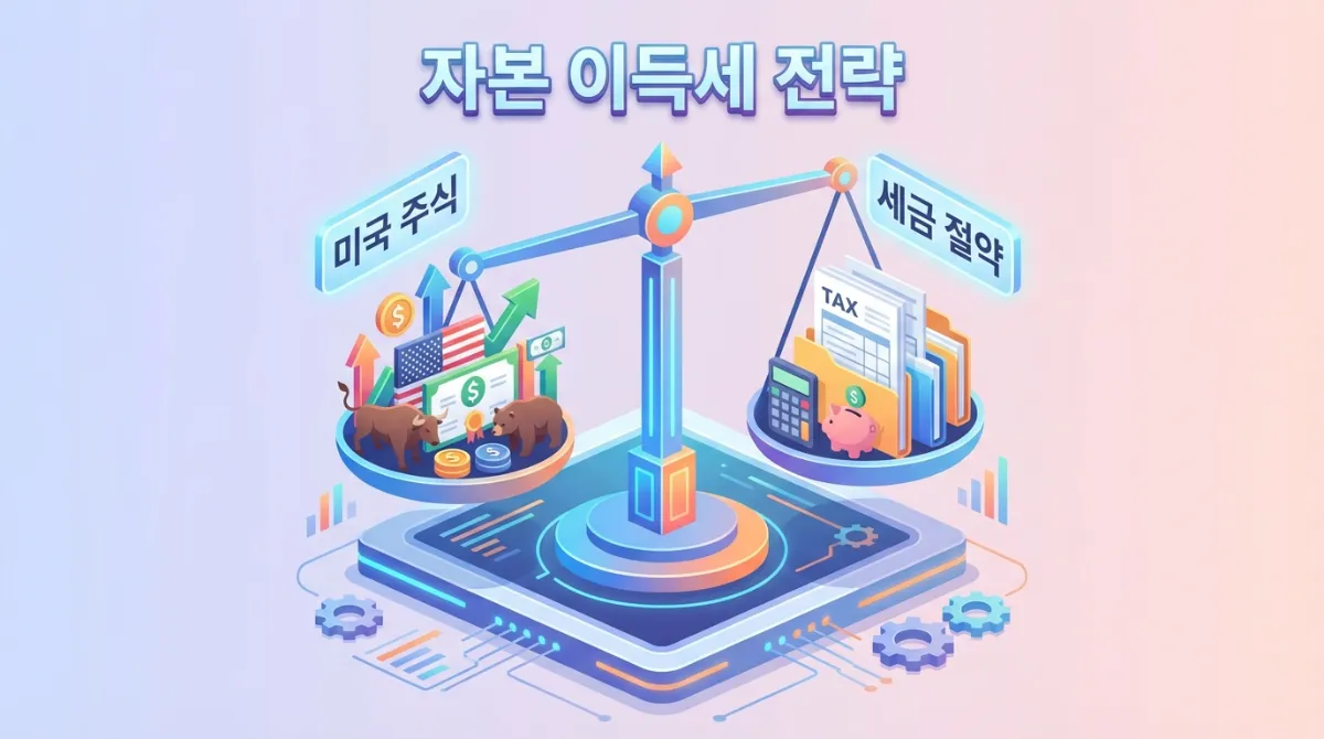 2026년 키움증권 해외주식 계좌개설 방법: 40달러 받고 수수료 0.07% 적용하는 법 (비교 분석) 4 미국 주식과 절세 서류가 놓인 천칭 저울로 표현한 자본이득세 절세 전략 플랫 디자인 일러스트