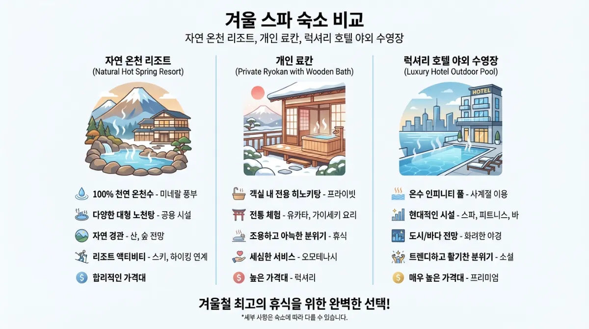 겨울 스파 숙소 추천: 천연 온천 리조트, 개별 료칸 히노끼탕, 럭셔리 호텔 야외 온수풀의 특징을 한눈에 비교한 인포그래픽