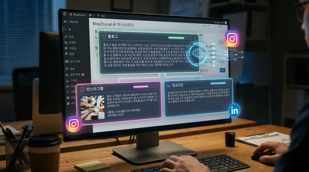 2026년 Blog2Social 백링크 자동화 설정: 구글 상위 노출을 위한 필수 전략은? 3 Rank Math SEO 2026 최적화를 위해 인스타그램 및 링크드인용 소셜 미디어 캡션을 생성하는 워드프레스 Blog2Social AI Assistini 인터페이스의 정밀한 클로즈업 이미지