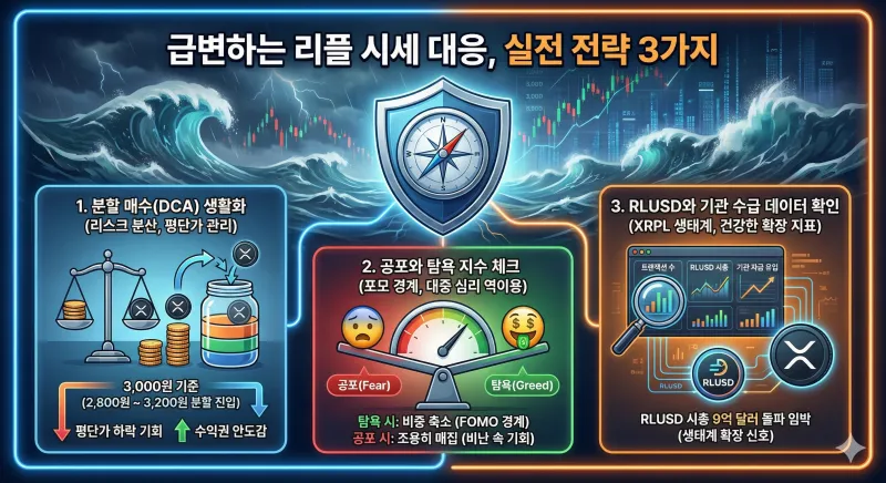 리플 시세 변동성 대응, 2026년 1월 투자자가 반드시 알아야 할 XRP 전망과 수익 전략 3가지 3 리플(XRP) 시세 변동성에 대응하기 위한 세 가지 실전 투자 전략을 정리한 인포그래픽 이미지입니다. 분할 매수(DCA), 공포 탐욕 지수 체크, 그리고 RLUSD 데이터 확인을 통한 리스크 관리와 수익 극대화 방법을 시각적으로 설명하고 있습니다.