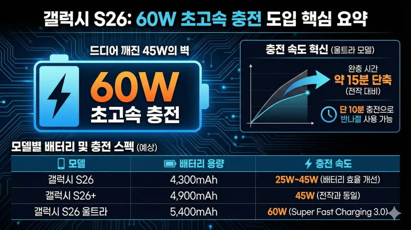 갤럭시 S26 스펙과 신기술 핵심 정리: 2nm 칩셋과 60W 충전의 시대 4 갤럭시 S26 스펙, 갤럭시 S26 신기술, 갤럭시 S26 울트라, 엑시노스 2600, 스냅드래곤 8 엘리트 5세대, 60W 고속 충전, 프라이버시 디스플레이, One UI 8.5, S26 카메라, 삼성 2nm 공정