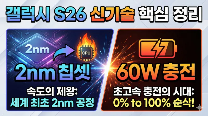 갤럭시 S26 스펙, 갤럭시 S26 신기술, 갤럭시 S26 울트라, 엑시노스 2600, 스냅드래곤 8 엘리트 5세대, 60W 고속 충전, 프라이버시 디스플레이, One UI 8.5, S26 카메라, 삼성 2nm 공정