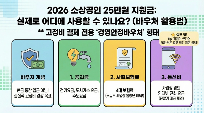 2026 소상공인 25만원 지원금, 누가 어떻게 받을 수 있을까? 신청 방법 및 대상 완벽 가이드 3 경영안정바우처, 소상공인 지원금 신청, 2026 소상공인 예산, 영세 소상공인 지원, 전기요금 특별지원, 소상공인24, 소상공인 정책자금, 민생회복지원금, 소상공인 경영부담 완화
