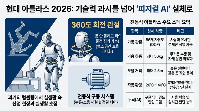 CES 2026, 현대자동차 아틀라스, 보스턴 다이내믹스, 휴머노이드 로봇, 전동식 아틀라스, 피지컬 AI, 로봇 상용화, 구글 딥마인드 파트너십, 소프트웨어 정의 공장(SDF), 현대모비스 액추에이터