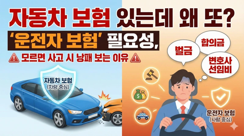 운전자 보험 필요성, 자동차 보험 차이, 12대 중과실, 변호사 선임비용 자기부담금, 교통사고 처리 지원금, 민식법 벌금, 형사 합의금, 2026 보험 개정, 운전자보험 특약, 교통사고 처벌