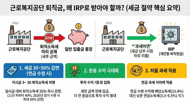 퇴직금 계산 가이드: 근로복지공단 퇴직금 IRP 수령으로 세금 30% 아끼는 법 2 근로복지공단 퇴직금, 퇴직금 계산, IRP 계좌, 퇴직소득세, 근로복지공단 퇴직금, 절세 방법, 퇴직연금 수령, 연금소득세, 과세이연, 2026년 퇴직금, IRP 세금 혜택