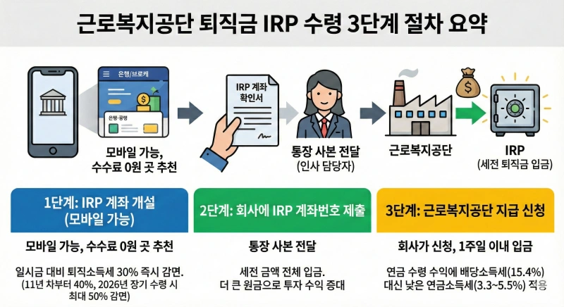 퇴직금 계산 가이드: 근로복지공단 퇴직금 IRP 수령으로 세금 30% 아끼는 법 3 근로복지공단 퇴직금, 퇴직금 계산, IRP 계좌, 퇴직소득세, 근로복지공단 퇴직금, 절세 방법, 퇴직연금 수령, 연금소득세, 과세이연, 2026년 퇴직금, IRP 세금 혜택