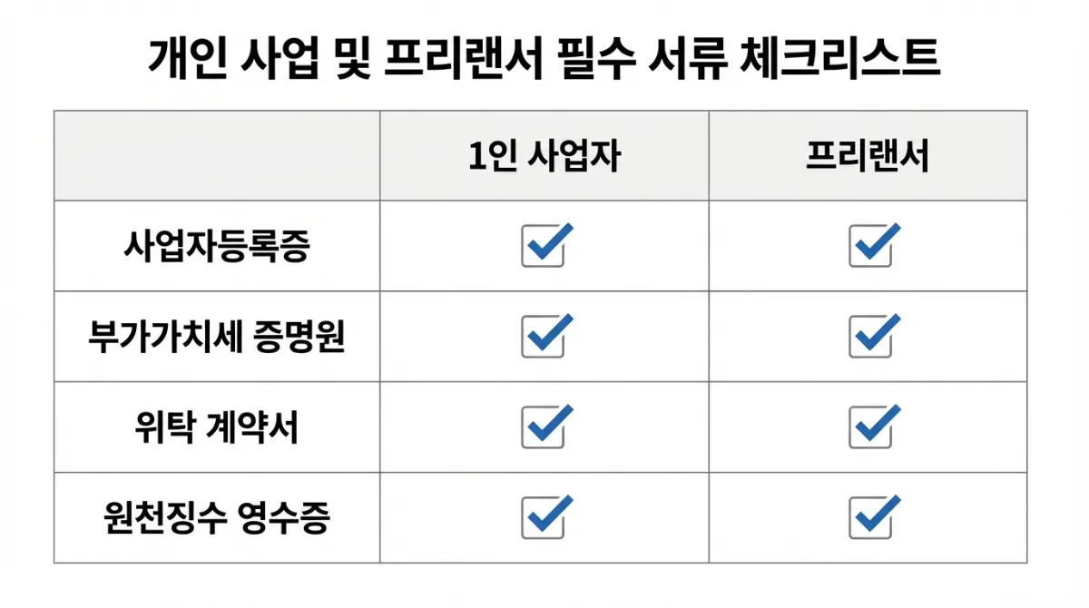 1인 사업자와 프리랜서 필수 서류 비교 체크리스트. 사업자등록증, 부가가치세 증명원, 위탁 계약서, 원천징수 영수증 항목이 포함된 표 이미지.
