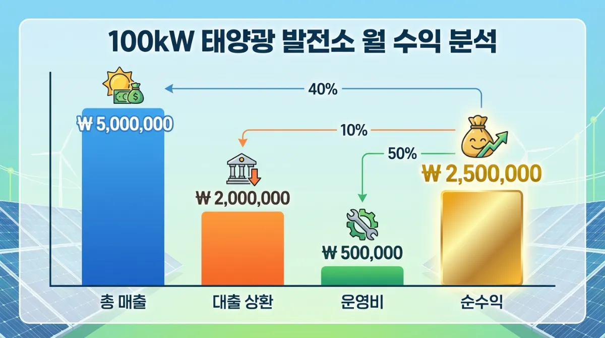 2026 햇빛소득마을 신청 자격 및 수익률: 월 200만원 연금의 진실 (경기 RE100 비교) 3 100kW 태양광 발전소 월 수익 구조 및 순수익 분석 차트 - 총 매출, 대출 상환금, 운영비 대비 순수익 비교 그래프