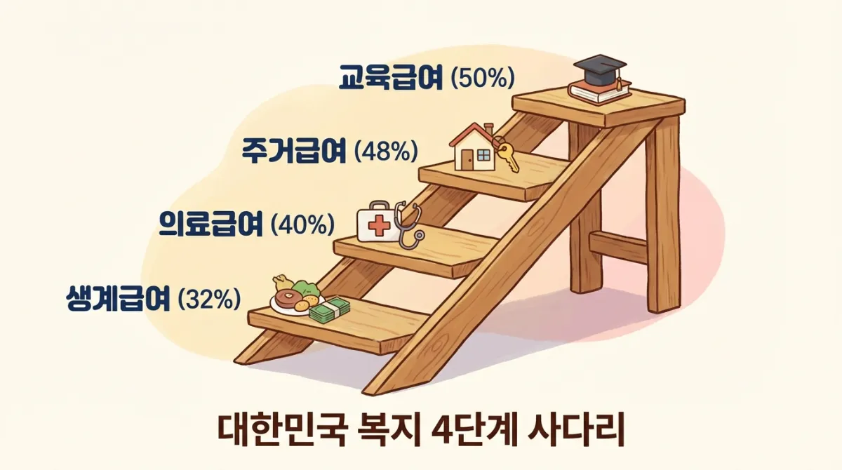 2026 기준 중위소득 6.51% 역대급 인상! 나도 받을 수 있다? (생계급여 조회) 3 2026년 기초생활수급자 선정기준 중위소득 비율(생계급여 32%, 의료급여 40%, 주거급여 48%, 교육급여 50%)을 시각화한 단계별 일러스트
