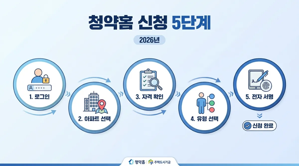 2026년 청약홈 신청 5단계 인포그래픽: 로그인, 아파트 선택, 청약 자격 확인, 주택형 선택, 전자서명으로 이어지는 아파트 청약 신청 방법 및 절차 가이드