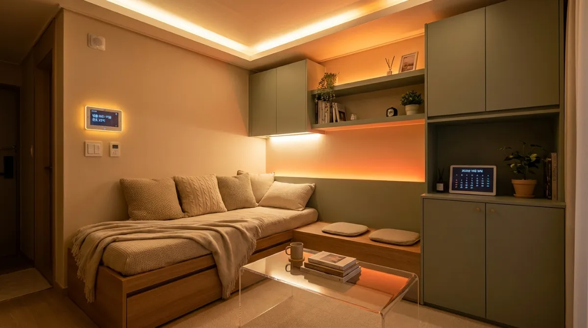 2026년 트렌드 3평 원룸 인테리어 디자인, 따뜻한 베이지와 세이지 그린 컬러, 투명 아크릴 테이블과 노을 무드 스마트 조명이 돋보이는 아늑한 공간