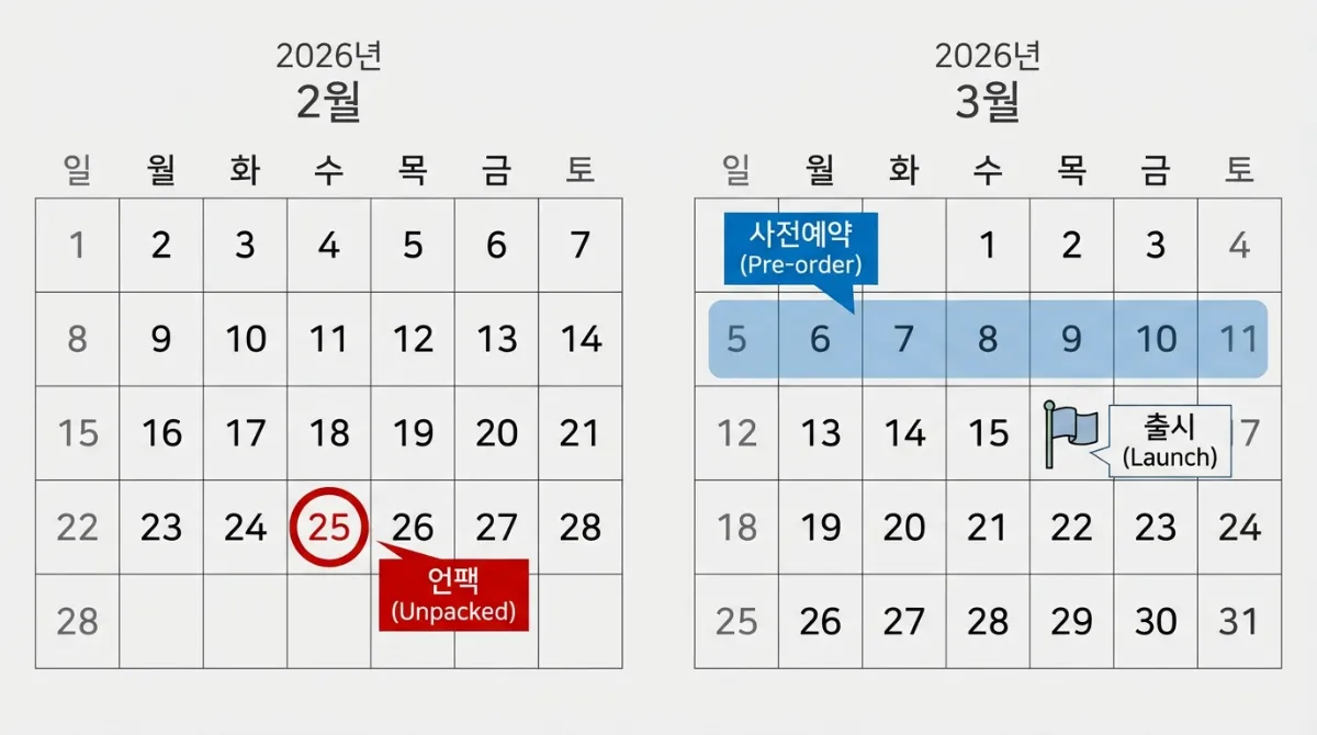 2026년 2월 25일 언팩, 3월 5일-10일 사전예약, 3월 11일 정식 출시일이 표시된 2026년 2월 및 3월 달력 일정 이미지