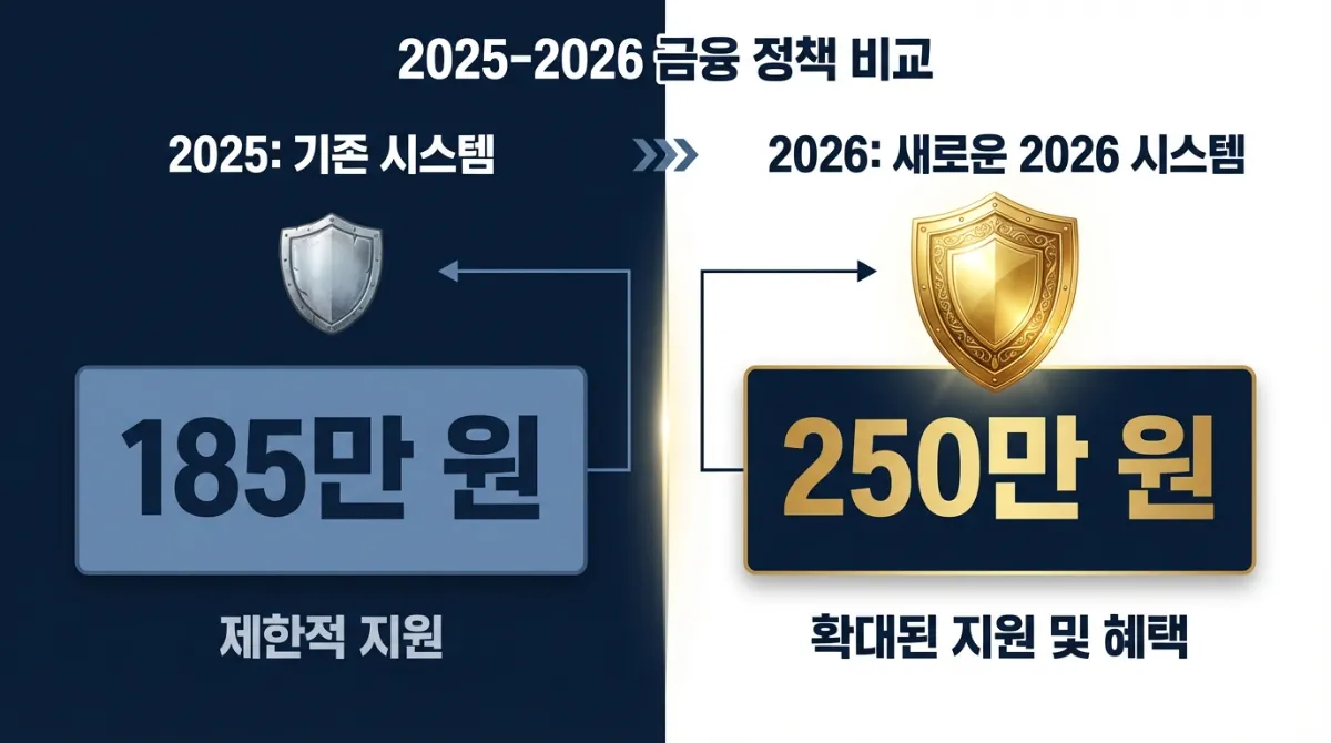 2025년 185만 원 대비 2026년 250만 원으로 인상된 금융 정책 비교 인포그래픽. 좌측의 작은 방패와 대조되는 우측의 2026년 신규 시스템을 상징하는 거대한 황금 방패 아이콘.
