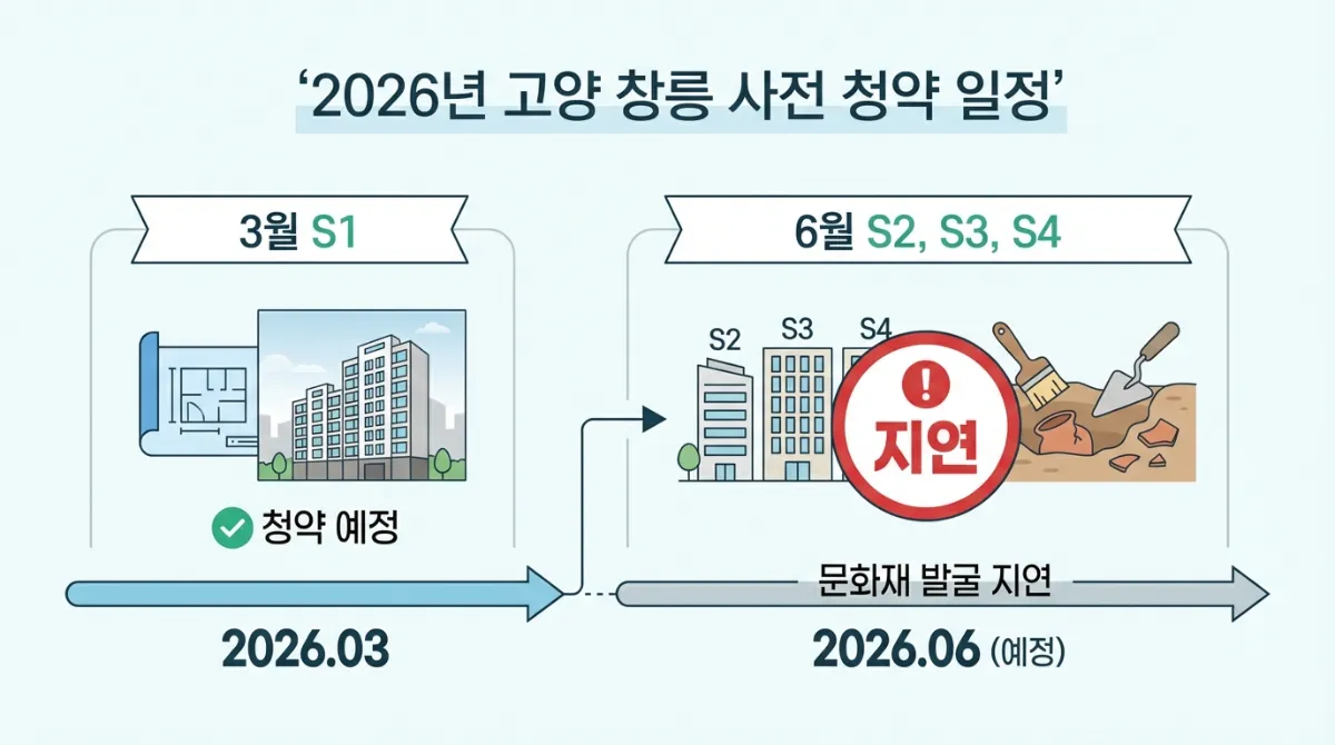 2026년 고양 창릉 본청약 일정 타임라인 인포그래픽: 3월 S1 블록 및 문화재 발굴 지연으로 인한 6월 S2, S3, S4 블록 일정 안내