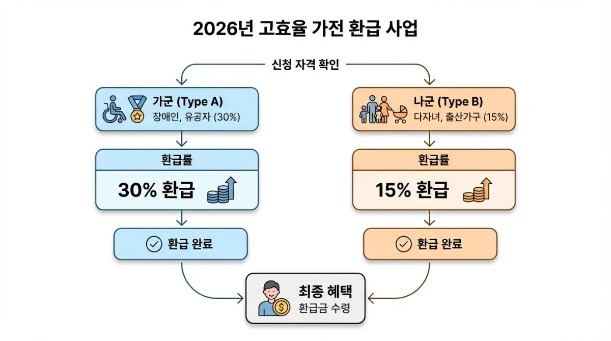 2026 고효율 가전 환급 대상 가군 나군 비교 인포그래픽. 장애인 및 유공자 30% 환급(가군)과 다자녀 및 출산가구 15% 환급(나군) 지원 내용을 정리한 깔끔한 플로우차트