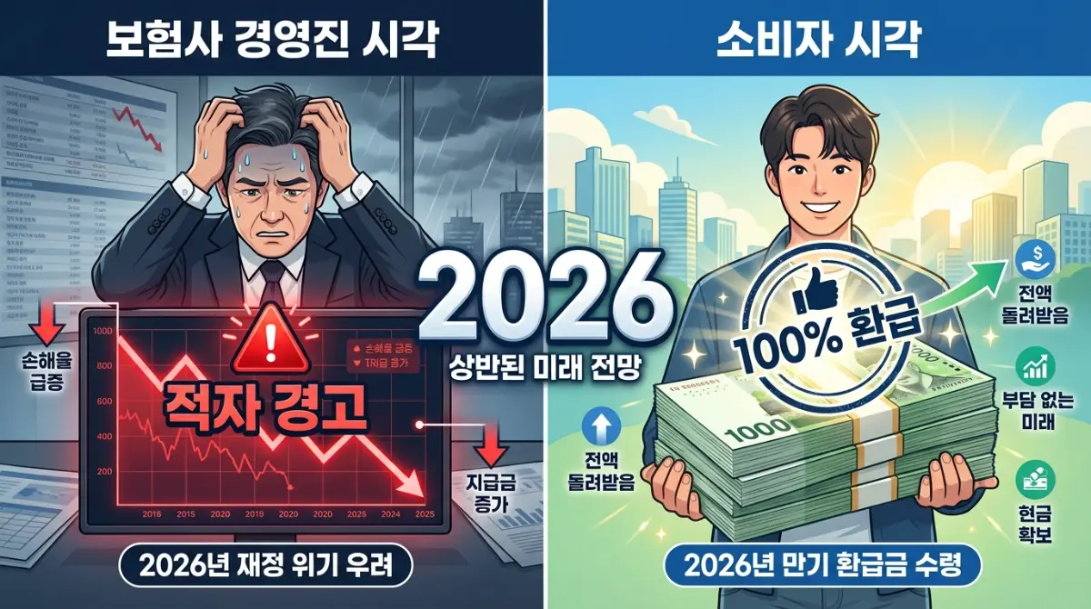 2026년 4월 보험사 적자 위기? 단기납 종신보험 7년 만기 해지 대란과 내 돈 지키는 법 2 2026년 보험사 적자 경고 그래프와 100% 환급 혜택을 받는 소비자를 대조한 금융 인포그래픽