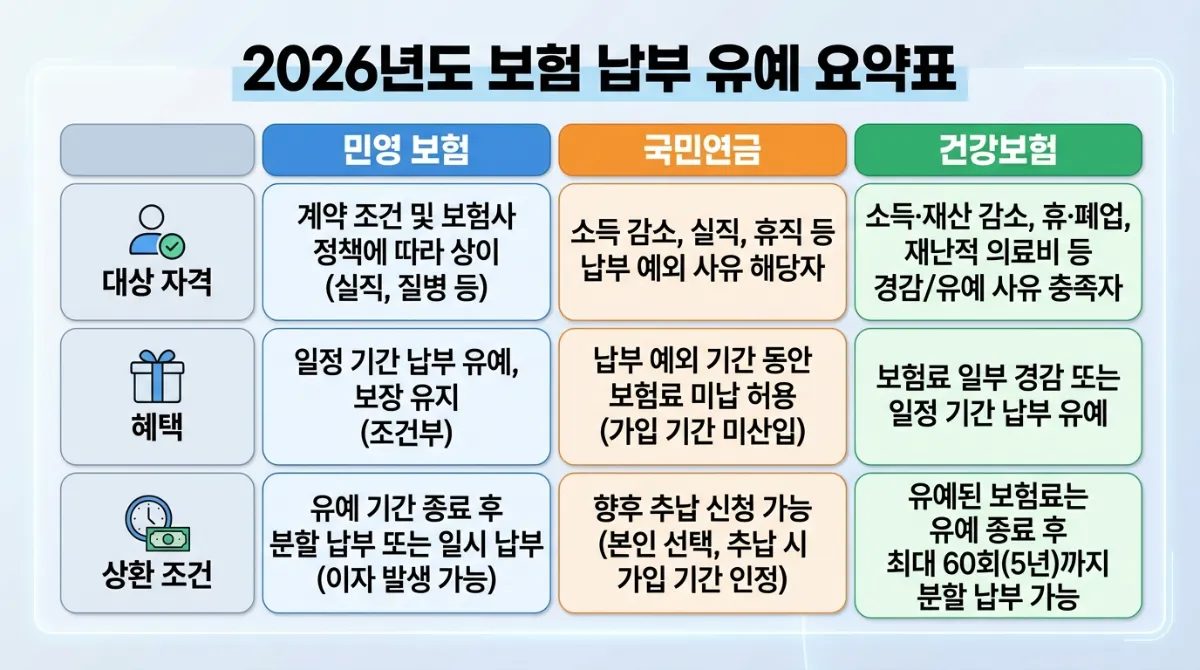 2026년 보험료 납입유예 신청: 국민연금 vs 개인보험 조건 및 기간 총정리 3 2026년 보험 납입 유예 요약 비교표 이미지. 사보험, 국민연금, 건강보험을 비교하고 자격, 혜택, 상환 조건을 정리한 구조화된 도표입니다.