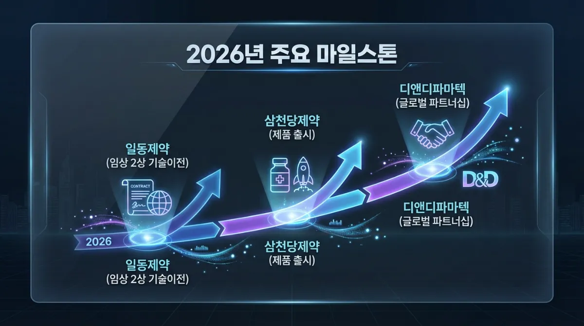 2026년 한국 제약사 주요 마일스톤 타임라인 차트: 일동제약(임상 2상 L/O), 삼천당제약(제품 출시), 디앤디파마텍(글로벌 파트너십) 성과 전망 및 우상향 성장 그래프