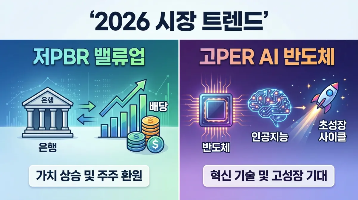 2026년 한국 주식 시장 트렌드를 요약한 인포그래픽: 왼쪽의 저PBR 밸류업 프로그램(은행, 배당)과 오른쪽의 고PER AI 반도체 슈퍼사이클(마이크로칩, 로켓 발사) 비교. 2026 시장 트렌드, 저PBR 밸류업, 고PER AI 반도체 텍스트 포함.