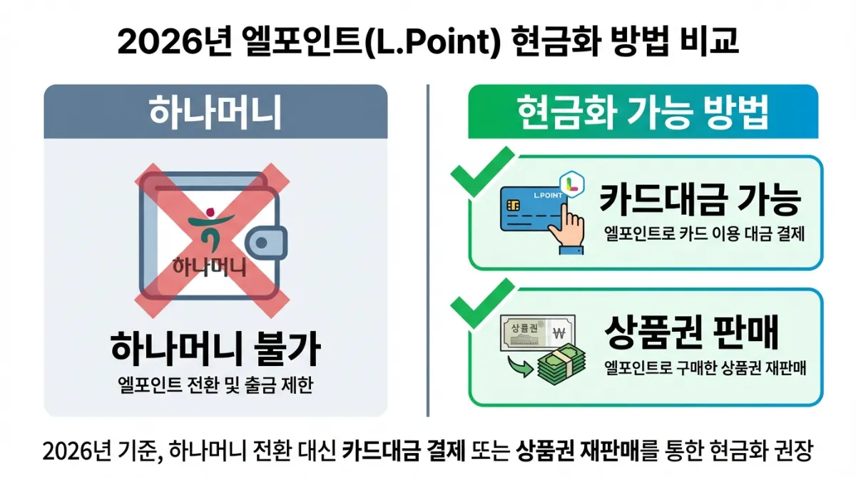 2026년 엘포인트 현금화 방법 비교 인포그래픽: 하나머니 전환 불가(X), 카드대금 납부 및 상품권 판매 가능(O) 여부 확인