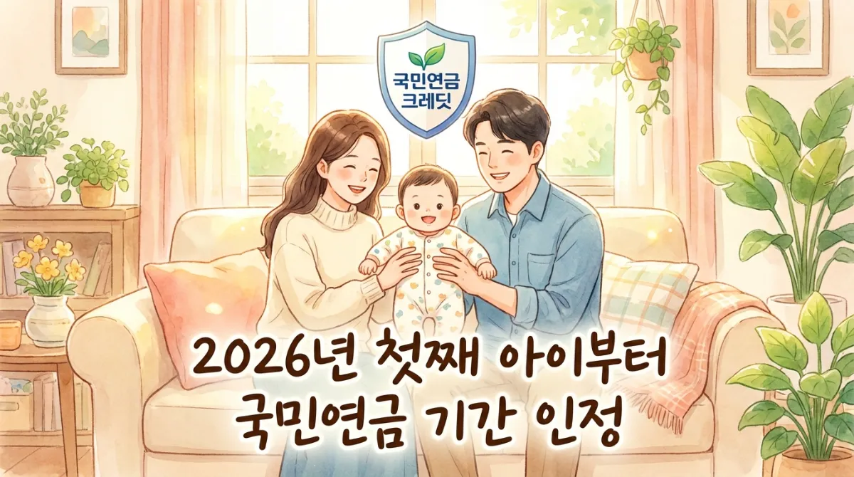2026년 출산 보험료 납입 유예 신청 방법: 복직 후 폭탄 피하는 꿀팁 포함 3 2026년 국민연금 출산크레딧 첫째 아이 확대 적용 및 가입기간 인정 정책을 설명하는 한국 가족과 연금 보호 방패 일러스트
