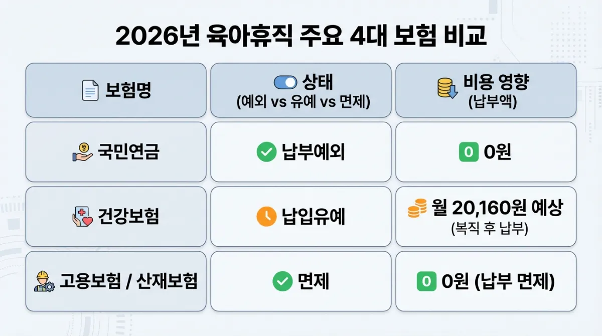 2026년 육아휴직 4대보험 비교표: 국민연금 납부예외(0원), 건강보험 납입유예(월 20,160원 예상), 고용 및 산재보험 면제 등 비용 및 상태 상세 비교 인포그래픽