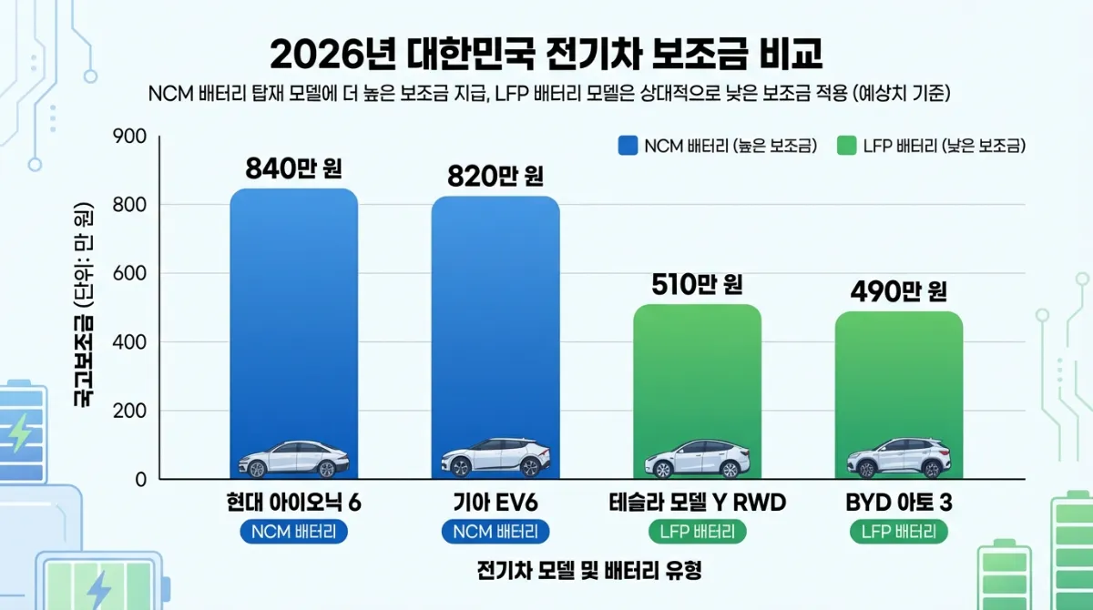 2026년 전기차 국고보조금 비교 차트: NCM 배터리를 장착한 현대 아이오닉 6와 기아 EV6의 높은 보조금과 LFP 배터리를 사용한 테슬라 모델 Y 및 BYD 아토 3의 낮은 보조금을 대조하는 막대 그래프 인포그래픽.