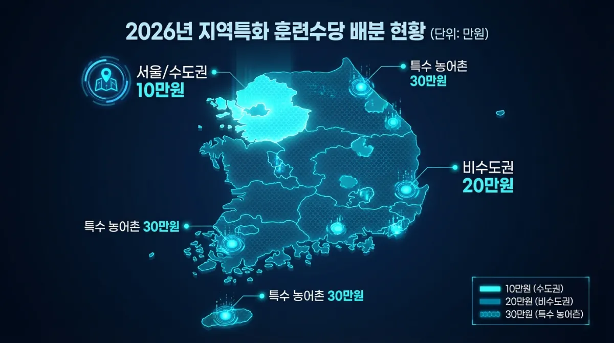 2026 국민내일배움카드: 자격증 지원금 500만원 및 자비부담금 완벽 가이드 3 2026년 지역별 특수훈련 수당 지급액 분포를 보여주는 현대적인 대한민국 지도. 서울 및 수도권 10만원, 비수도권 20만원, 특정 농어촌 지역 30만원으로 구분된 데이터 시각화 자료.