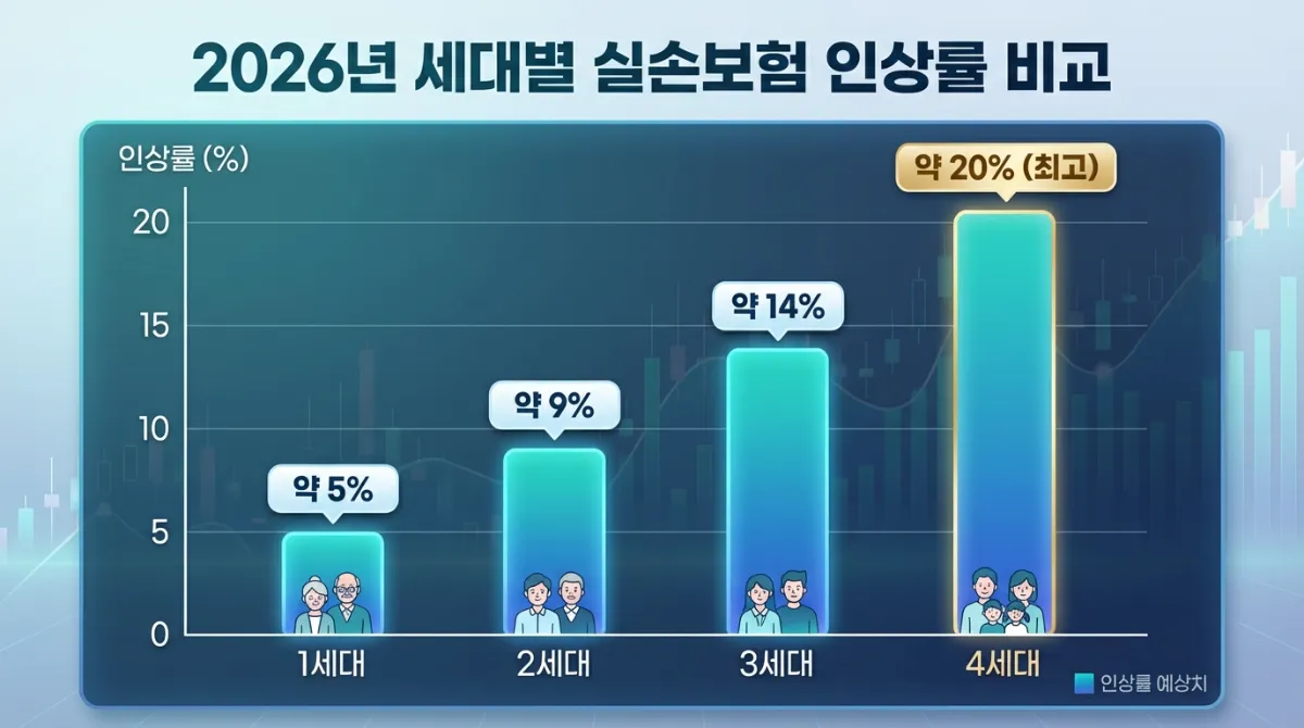2026년 세대별 실손보험 인상률 비교 인포그래픽. 1세대, 2세대, 3세대 대비 4세대 실손보험의 인상률이 약 20%로 가장 높게 표시된 막대 그래프 수치 정보.