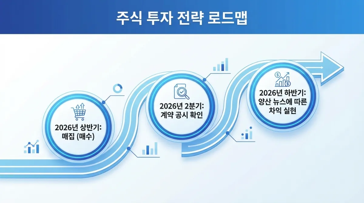 2026년 반도체 디자인하우스 저평가 TOP 3: 삼성전자 vs TSMC 수혜주 실적 분석 3 2026년 주식 투자 전략 로드맵 타임라인 일러스트: 상반기 분할 매수, 2분기 수주 공시 확인, 하반기 양산 뉴스 보도 시 차익 실현 구간 안내