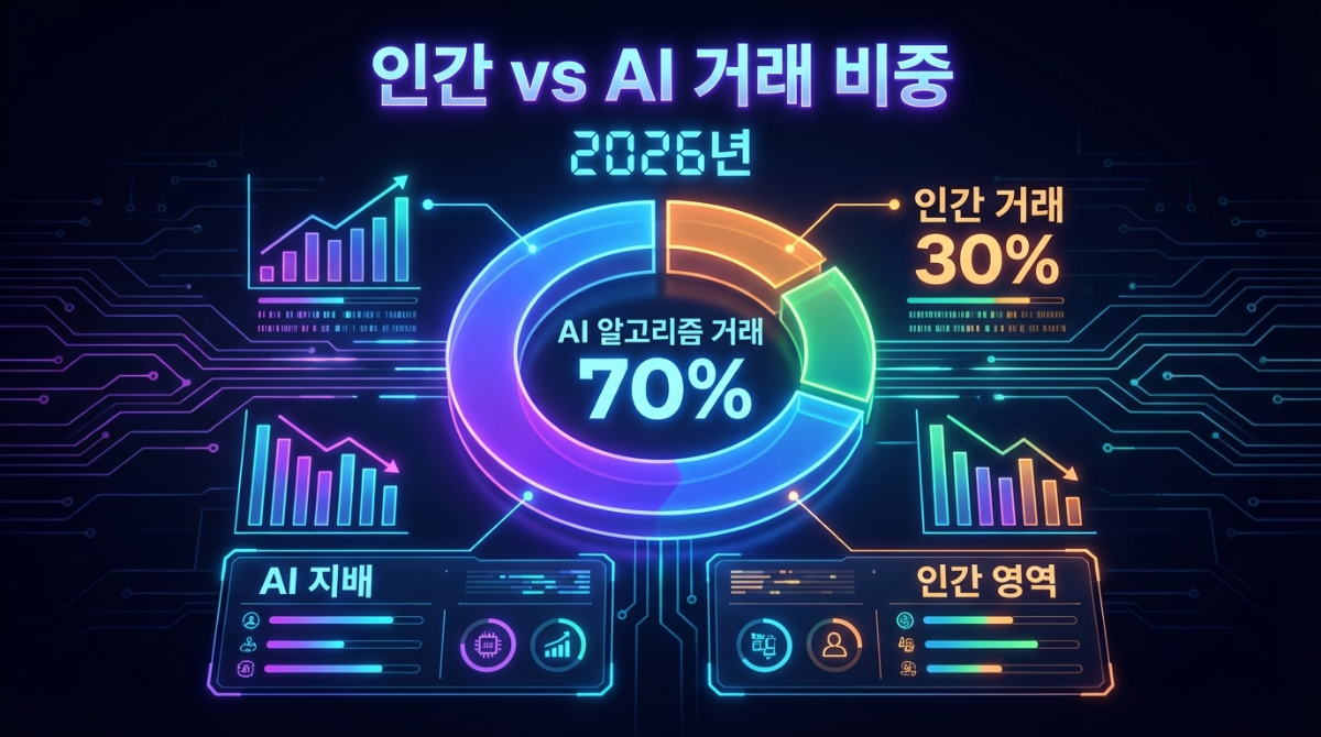 2026년 주식 시장 인간 vs AI 거래 비중 비교 인포그래픽. AI 트레이딩이 70%로 지배적인 시장 점유율을 기록하는 모습을 보여주는 하이테크 네온 스타일의 데이터 시각화 자료.