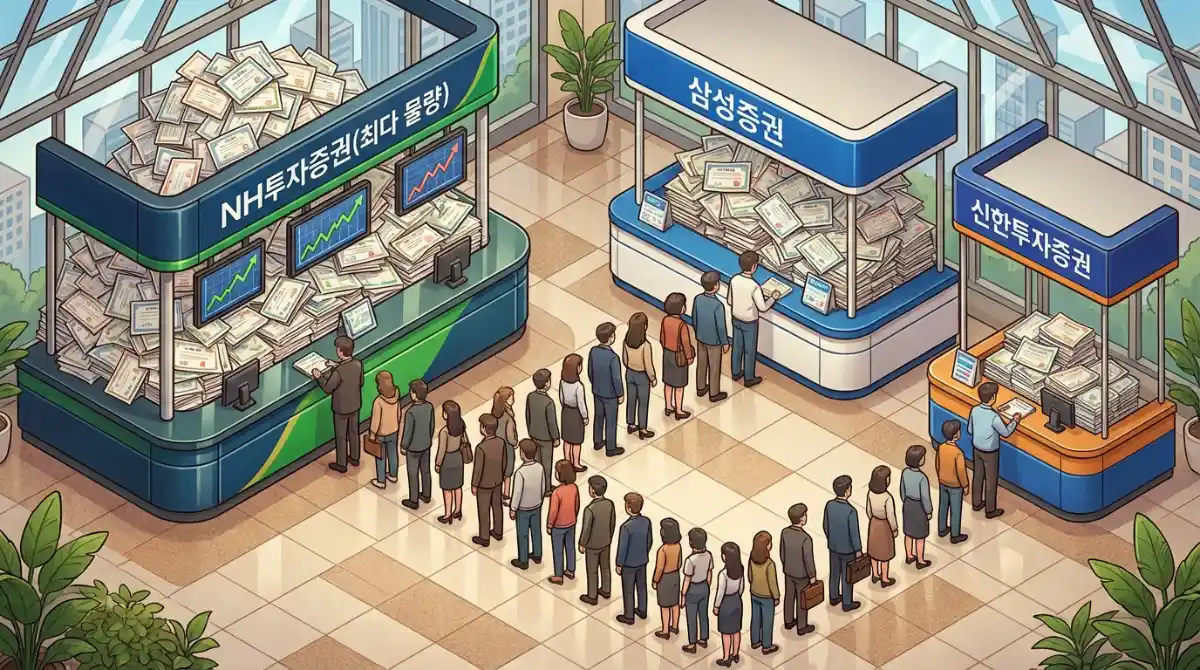 NH투자증권(최다 물량), 삼성증권, 신한투자증권 텍스트가 표시된 3D 아이소메트릭 증권사 창구 일러스트. NH와 삼성증권 창구는 주식이 많이 쌓여 있고 크기가 큰 반면 신한투자증권은 작게 묘사되어 있으며, 사람들이 줄을 서 있는 모습.
