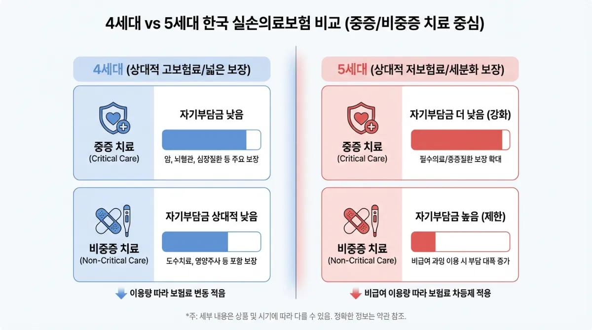 2026년 5세대 실비 출시일 확정? 4세대 차이점과 임신·출산 혜택 총정리 2 5세대 실비 4세대 비교 인포그래픽