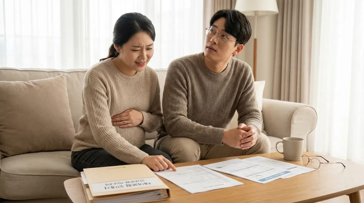 2026년 5세대 실비 출시일 확정? 4세대 차이점과 임신·출산 혜택 총정리 3 5세대 실비 보험 서류를 검토하는 임산부 부부