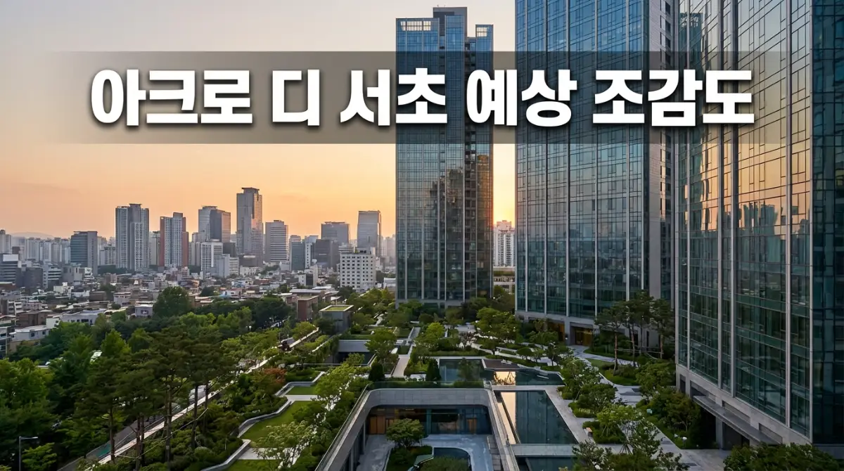 서울 강남 스카이라인을 배경으로 한 아크로 디 서초 하이엔드 아파트 단지의 예상 조감도 및 고급스러운 유리 커튼월 외관