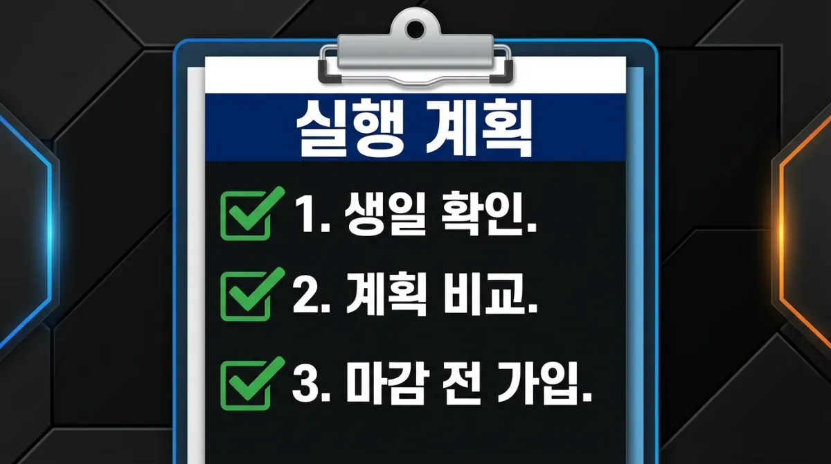 Action Plan 제목의 생산성 체크리스트 일러스트. 1. 생일 확인, 2. 플랜 비교, 3. 마감일 전 가입하기 세 가지 항목이 완료된 상태로 표시된 고대비 이미지.