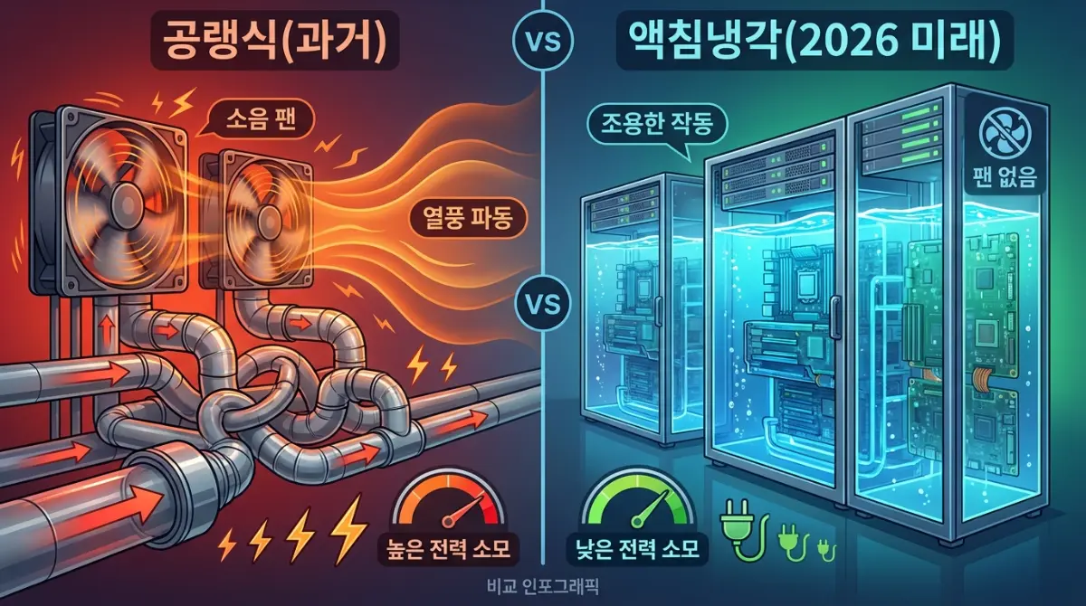 공랭식(과거) 대 액침냉각(2026 미래) 비교 인포그래픽. 시끄러운 팬과 높은 전력 소비를 보여주는 기존 공랭식과 달리, 맑은 액체 속에서 조용하고 에너지 효율적으로 작동하는 2026년형 데이터센터 액침냉각 기술의 차이점을 시각적으로 설명.