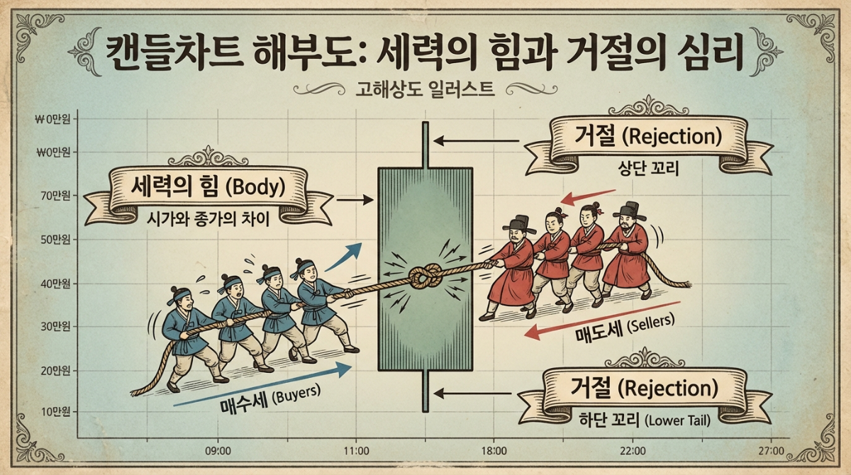 캔들 차트 구조 및 매수 매도 심리 분석: 세력의 힘(Body)과 거절(Rejection) 레이블, 캔들 내부의 심리적 줄다리기를 시각화한 상세 일러스트