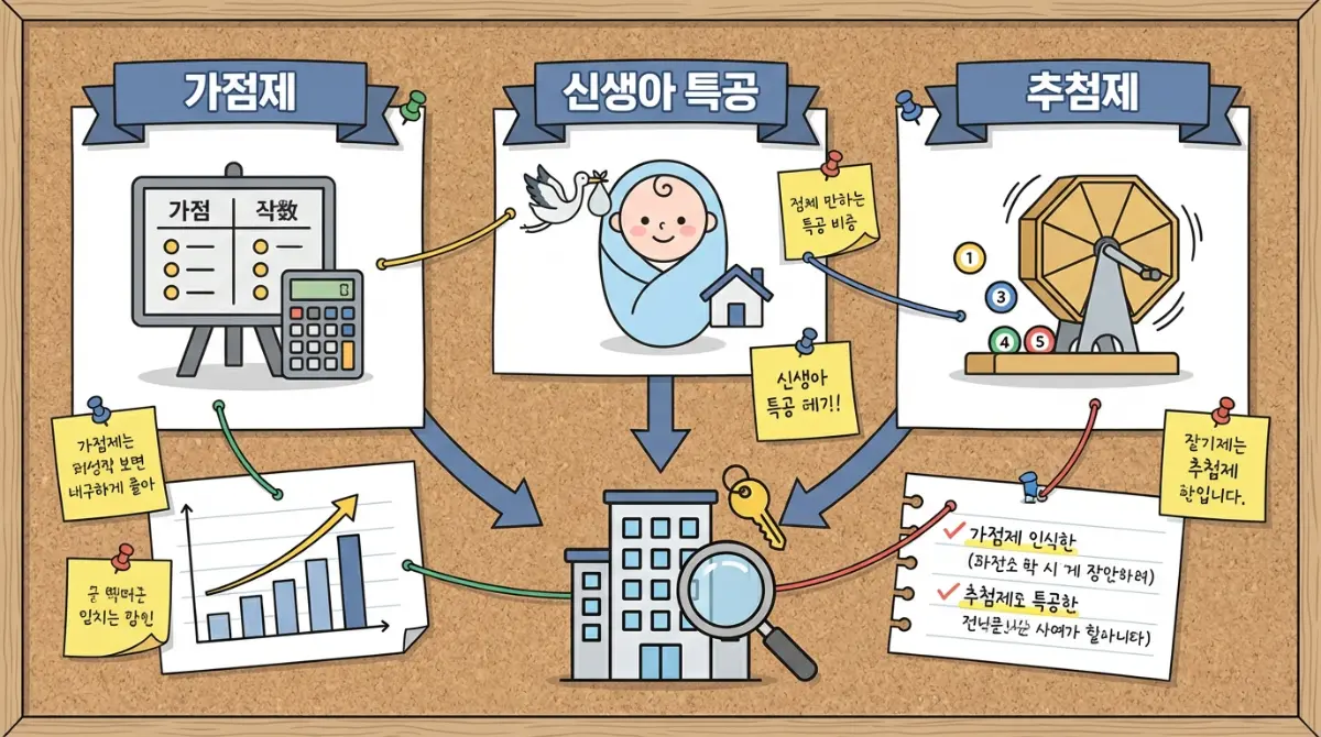 가점제, 신생아 특공, 추첨제 아이콘이 포함된 아파트 청약 전략 보드 일러스트