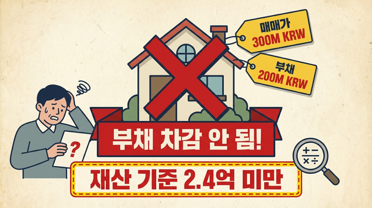 2026년 근로장려금 반기 신청: 맞벌이 4,400만원 완화 및 지급일 총정리 3 재산 기준 2.4억 미만 조건에서 3억 주택의 부채 2억이 차감되지 않아 청약 자격에서 탈락하는 상황을 경고하는 이미지. 부채 차감 안 됨 문구 포함.