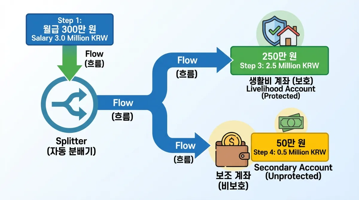오토 스윙(Auto-Swing) 금융 메커니즘 흐름도. 급여 300만 원 입금 시 최저생계비 250만 원은 압류 방지 생계비 계좌에 보존되고, 나머지 50만 원은 2차 계좌(비보호)로 자동 이체되는 자금 분배 구조 다이어그램.