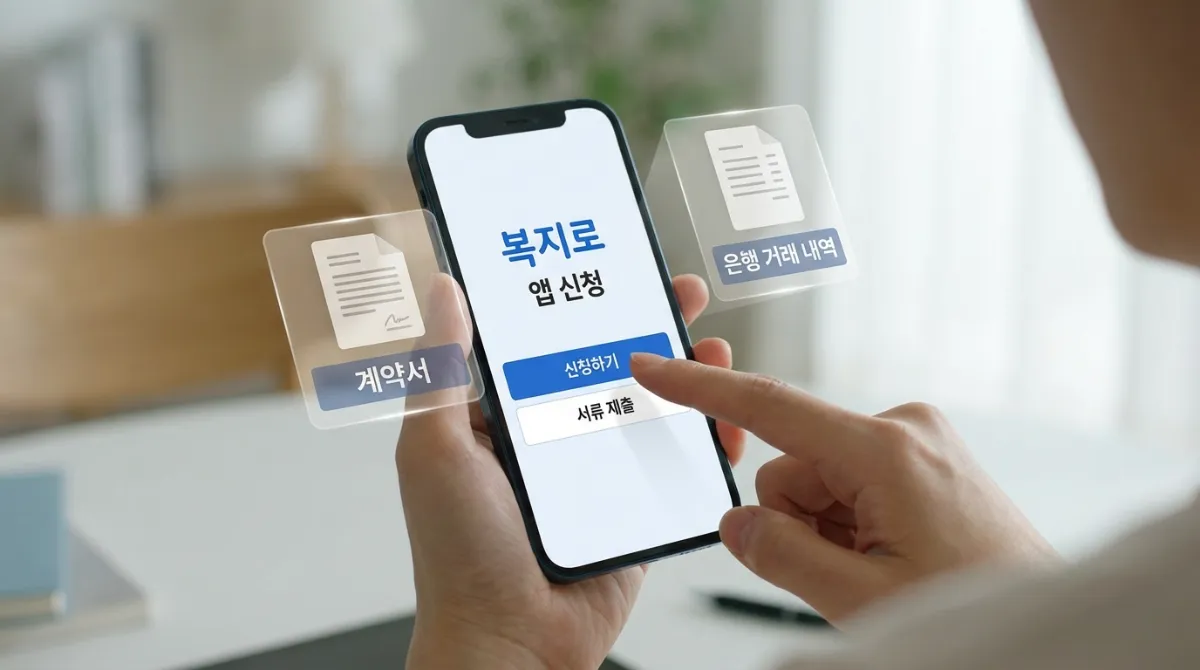 스마트폰 화면의 복지로 앱 인터페이스에서 신청 버튼을 누르는 모습과 서류 제출 아이콘, 복지로 앱 신청 및 모바일 복지 서비스 이용 방법