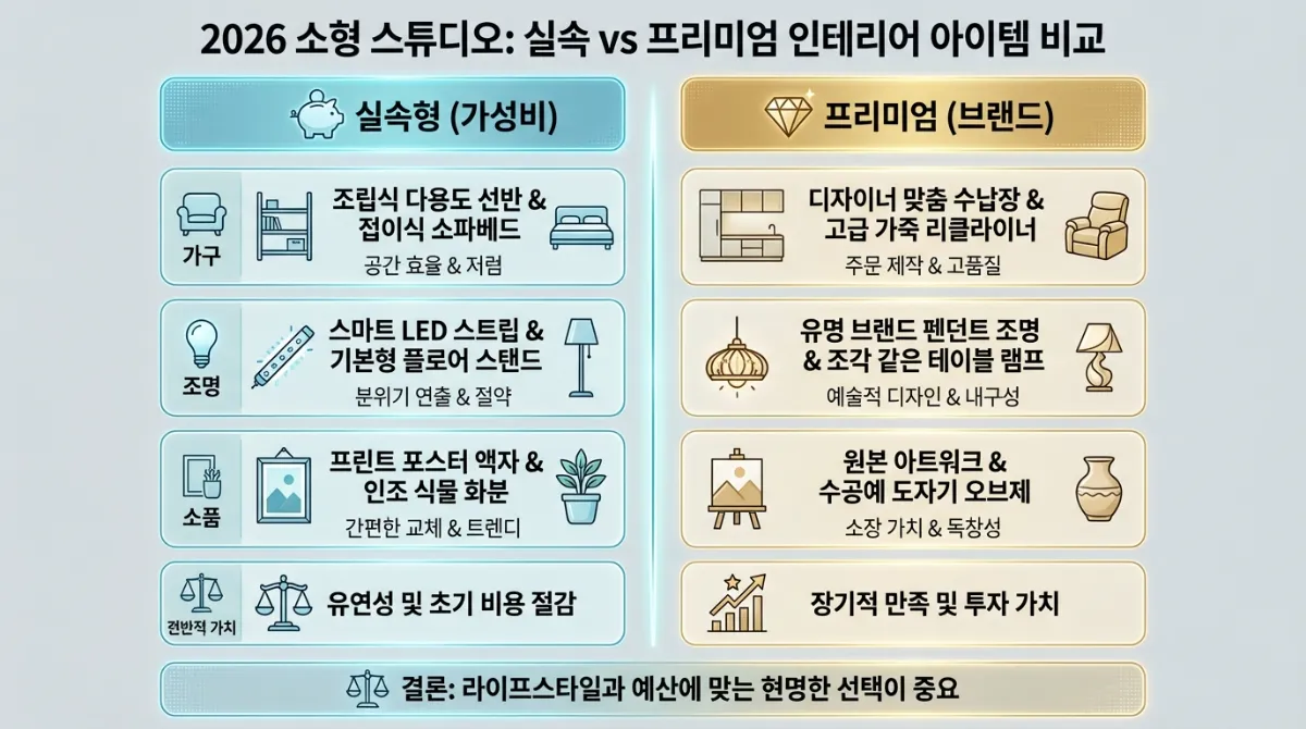 2026년 소형 원룸 인테리어를 위한 가성비 아이템 대 프리미엄 브랜드 비교 인포그래픽 차트