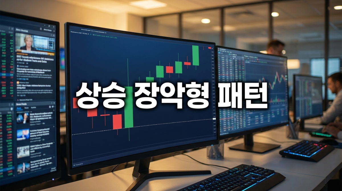 전문적인 트레이딩 환경의 주식 차트에서 지지선에 나타난 상승 장악형 패턴. 이전의 하락 캔들을 완전히 감싸는 강한 상승 캔들 모습.