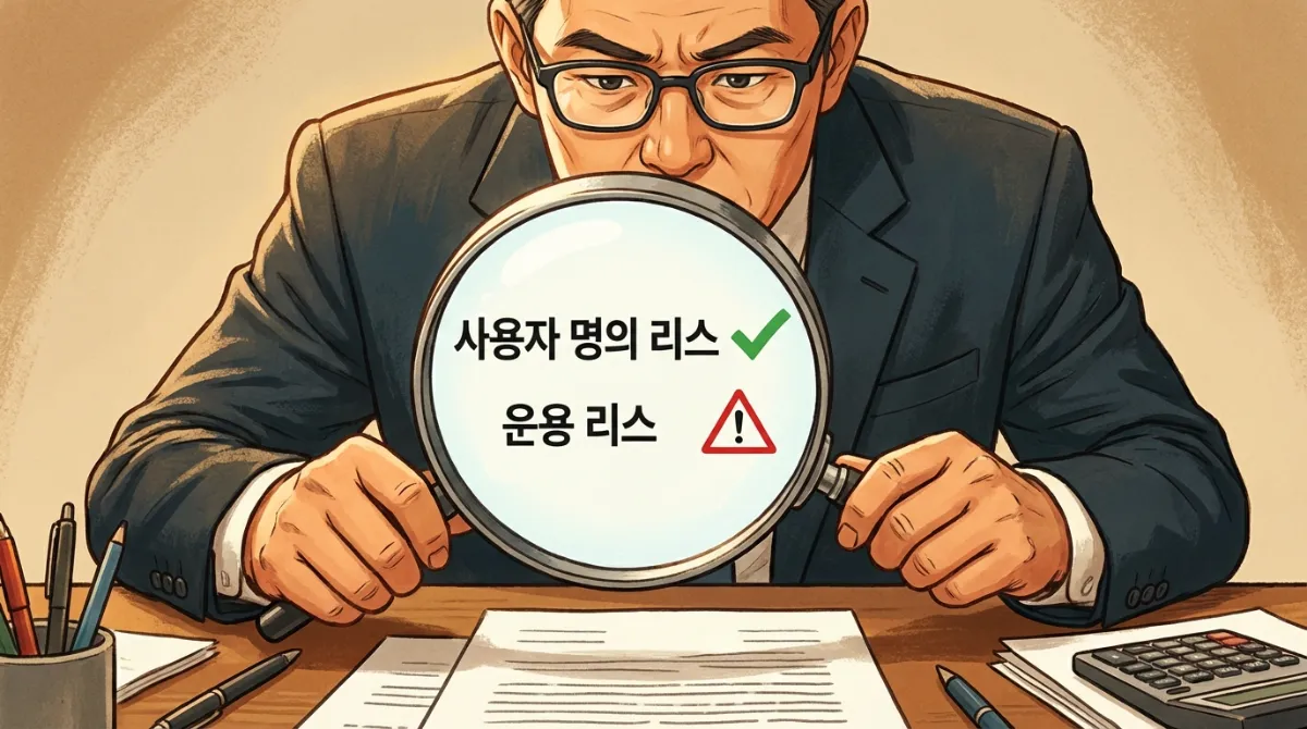 돋보기로 자동차 리스 계약서를 꼼꼼히 확인하는 사업자, 이용자 명의 리스에는 체크 표시가 있고 운용 리스에는 경고 표시가 있음