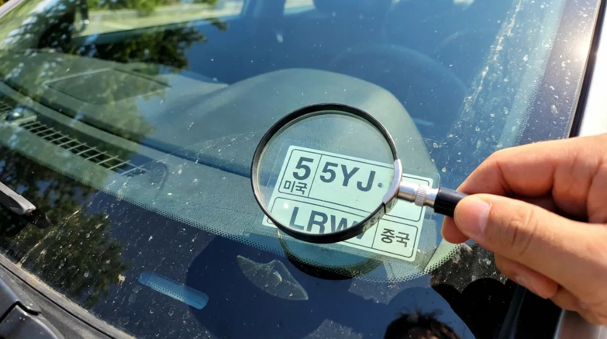 돋보기로 자동차 앞유리 차대번호(VIN)의 첫 번째 자리를 확대하여 제조국을 확인하는 모습. 5YJ는 미국(USA), LRW는 중국(CHINA) 생산임을 나타내는 상세하고 사실적인 이미지.